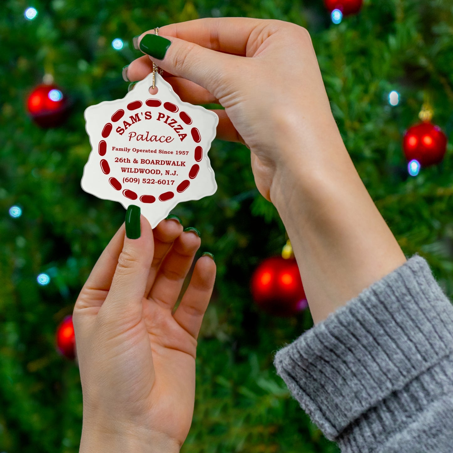 Sam's Pizza Palace Snowflake Ceramic Ornament, 1-Pack (Modern Logo)